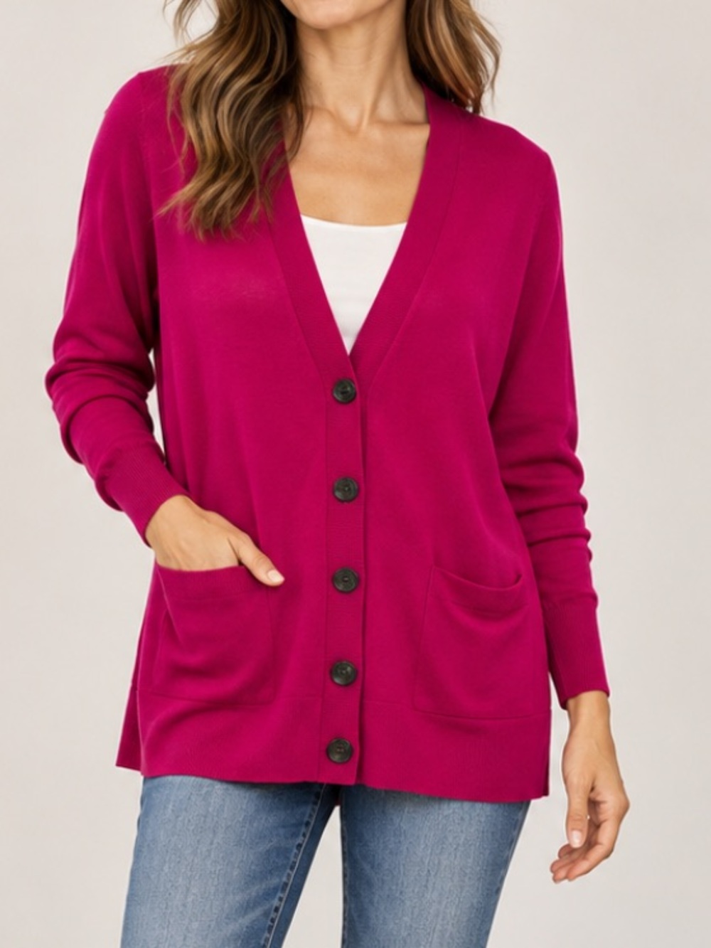 Ann Taylor LOFT Boyfriend Cardigan V-Neck Button-Up Knit Sweater Magenta XL
